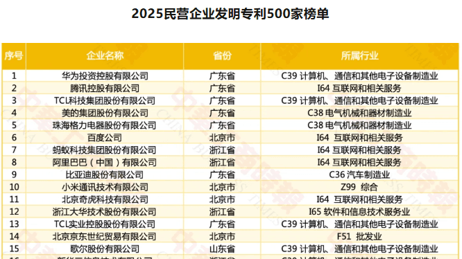 2025民营企业发明专利500家榜单
